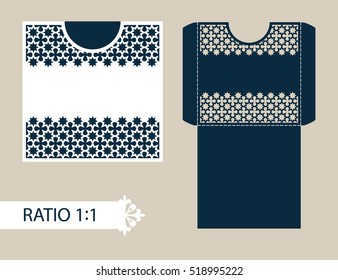 Layout congratulatory envelope with carved openwork pattern. The template for greetings, invitations, etc. Picture suitable for laser cutting, plotter cutting or printing. Vector