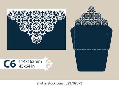 Layout congratulatory envelope with carved openwork pattern. The template for greetings, invitations, etc. Picture suitable for laser cutting, plotter cutting or printing. Vector