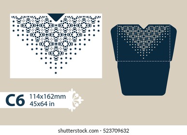 Layout congratulatory envelope with carved openwork pattern. The template for greetings, invitations, etc. Picture suitable for laser cutting, plotter cutting or printing. Vector