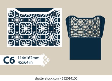 Layout congratulatory envelope with carved openwork pattern. Template is suitable for greeting cards, invitations, etc. Picture suitable for laser cutting or printing. Vector