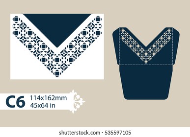 Layout congratulatory envelope with carved openwork pattern. The template for greetings, invitations, etc. Picture suitable for laser cutting, plotter cutting or printing. Vector