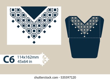 Layout congratulatory envelope with carved openwork pattern. The template for greetings, invitations, etc. Picture suitable for laser cutting, plotter cutting or printing. Vector