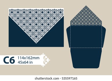 Layout congratulatory envelope with carved openwork pattern. The template for greetings, invitations, etc. Picture suitable for laser cutting, plotter cutting or printing. Vector