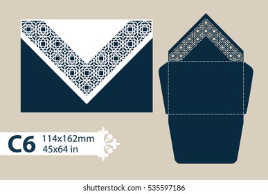 Layout congratulatory envelope with carved openwork pattern. The template for greetings, invitations, etc. Picture suitable for laser cutting, plotter cutting or printing. Vector