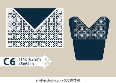 Layout congratulatory envelope with carved openwork pattern. The template for greetings, invitations, etc. Picture suitable for laser cutting, plotter cutting or printing. Vector