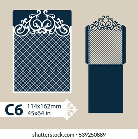 Layout congratulatory envelope with carved openwork pattern. The template for greetings, invitations, etc. Picture suitable for laser cutting, plotter cutting or printing. Vector