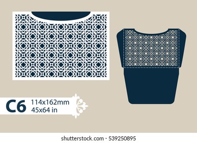 Layout congratulatory envelope with carved openwork pattern. The template for greetings, invitations, etc. Picture suitable for laser cutting, plotter cutting or printing. Vector