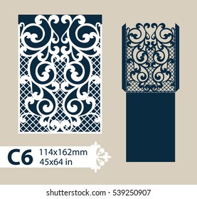 Layout congratulatory envelope with carved openwork pattern. The template for greetings, invitations, etc. Picture suitable for laser cutting, plotter cutting or printing. Vector