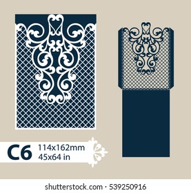 Layout congratulatory envelope with carved openwork pattern. The template for greetings, invitations, etc. Picture suitable for laser cutting, plotter cutting or printing. Vector