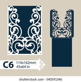 Layout congratulatory envelope with carved openwork pattern. The template for greetings, invitations, etc. Picture suitable for laser cutting, plotter cutting or printing. Vector