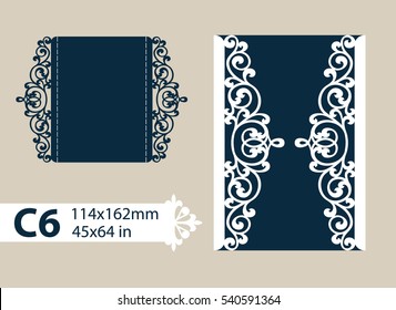 Layout congratulatory envelope with carved openwork pattern. The template for greetings, invitations, etc. Picture suitable for laser cutting, plotter cutting or printing. Vector