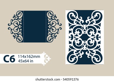 Layout congratulatory envelope with carved openwork pattern. The template for greetings, invitations, etc. Picture suitable for laser cutting, plotter cutting or printing. Vector