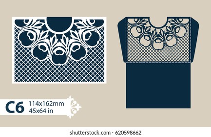Layout congratulatory envelope with carved openwork pattern. The template for greetings, invitations, etc. Picture suitable for laser cutting, plotter cutting or printing