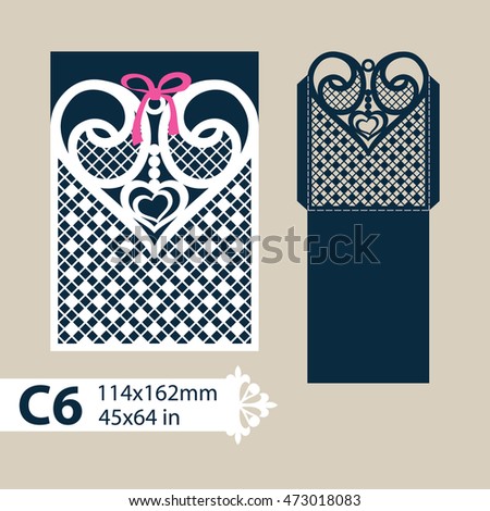 Layout congratulatory envelope with carved openwork pattern heart. Template for wedding greeting cards, invitations, etc. Picture suitable for laser cutting, plotter cutting or printing. Vector