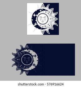 Layout congratulatory envelope with carved pattern. The template for greetings, invitations, etc. Picture suitable for laser cutting, plotter cutting or printing. Vector. Sun. Moon
