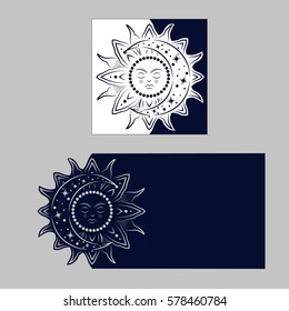 Layout congratulatory envelope with carved pattern. The template for greetings, invitations, etc. Picture suitable for laser cutting, plotter cutting or printing. Vector. Sun. Moon