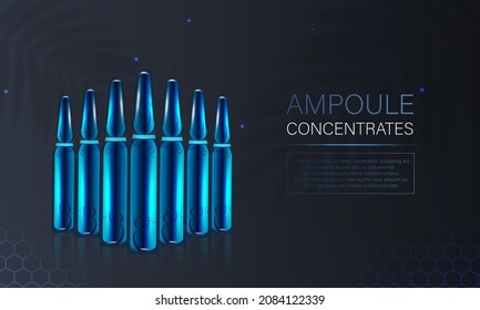 The layout of a cosmetic product in ampoules for a catalog, magazine. Natural oil with vitamins, hyaluronic acid. Vector illustration with ampoules with reflection on a dark background