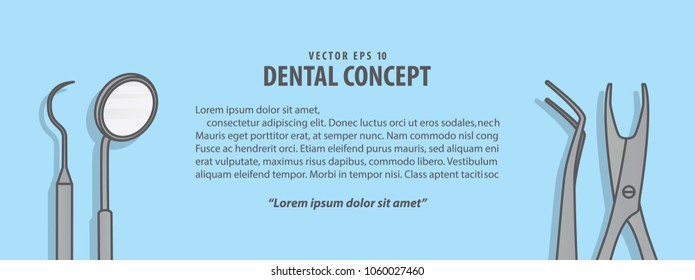 Layout Dental tools illustration vector on blue background. Dental concept.