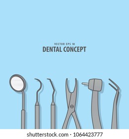 Layout Dental tools illustration vector on blue background. Dental concept.