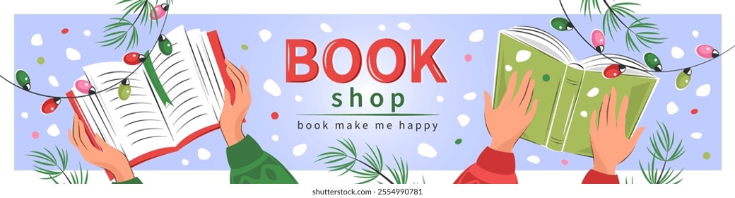 Layout design for bookshop, bookstore or library. Books with winter decor. Vector illustration for poster, cover, marketing, sale.
