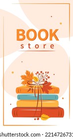 Layout design for bookstore, bookshop or library. Books with autumn bright leaves. Vector illustration
