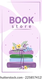 Layout design for bookstore, bookshop or library. Books with spring flowers. Vector illustration