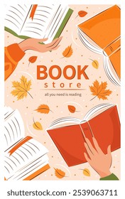 Layout design for bookstore, bookshop or library. Books with autumn bright leaves. Vector illustration for poster, cover, marketing, sale.