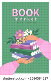 Layout design for bookstore, bookshop or library. Books with spring flowers. Vector illustration for poster, cover, marketing, sale.