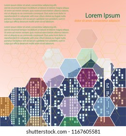 The layout design of the brochure template. Catalog, magazine, flyer. Urban concept with buildings. City creative panorama, perfect for town or city related illustration