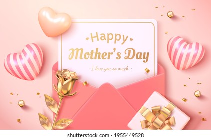 Layout design of envelope, heart shape, golden rose and gift box viewed from above. 3d background for Mother's day, Women's day and wedding invitation.