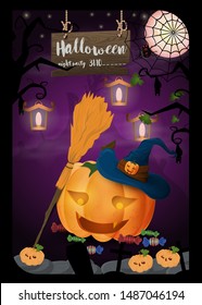 layout design for print Halloween pumpkin with candy a broom and witchs hat moon night vector EPS 10