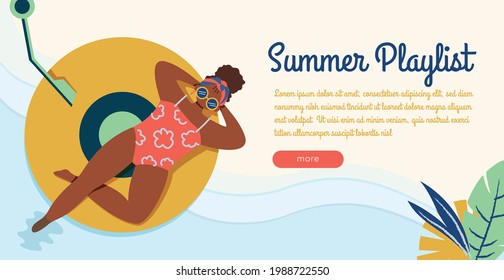 Diseño de una dama negra relajada en bikini con gafas de sol sobre un disco de vinilo relajante en la playa con decoración de plantas disfrutando de la música en verano