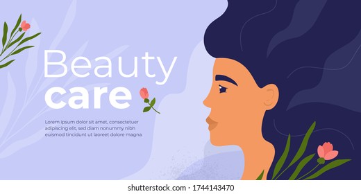 Layout design template for beauty care salon, clinic, cosmetic. Profile of pretty woman with long hair. Banner with female face, flowers and botanical background. Skin care trendy vector illustration