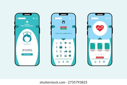 Diseño de diseño para UI UX App móvil saludable en línea con iconos y teléfonos ficticios. PLANTILLA visual de UI UX