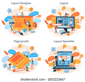 Layout designer concept set. Web development, mobile app design. People building user interface template. Computer technology. Isolated flat vector illustration