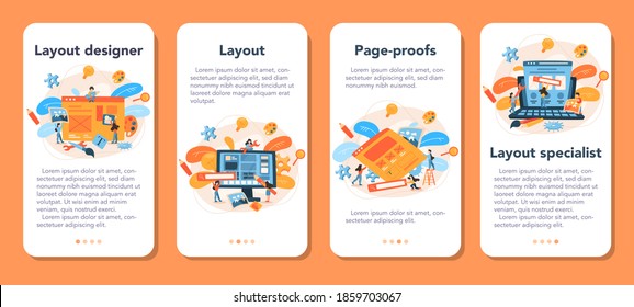 Layout designer mobile application banner set. Web development, mobile app design. People building user interface template. Computer technology. Isolated flat vector illustration