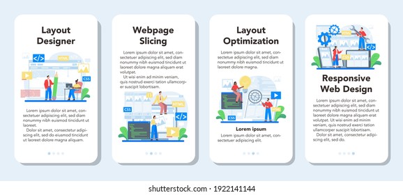 Conjunto de banners de aplicación móvil del diseñador de diseño de diseño. Desarrollo web, diseño de aplicaciones móviles y optimización. Personas construyendo plantilla de interfaz de usuario. Tecnología informática. Ilustración vectorial plana