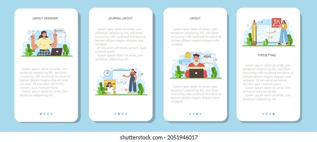 Layout designer mobile application banner set. Magazine or newspaper layout developing, typesetting of text. Mobile app and website design and optimization. Flat vector illustration