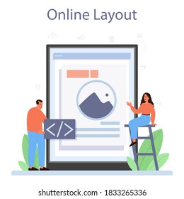 Layout designer online service or platform. Web development, mobile app design. People building user interface template. Online layout. Vector illustration