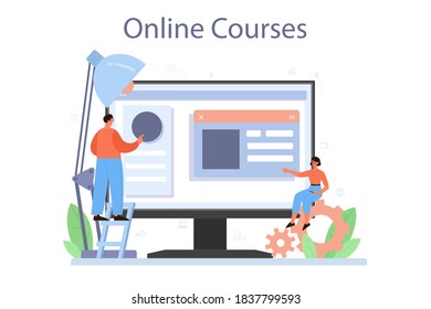 Layout designer online service or platform. Web development, mobile app design. People building user interface template. Online course. Vector illustration