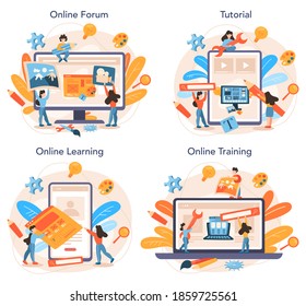 Layout designer online service or platform set. Web development, mobile app design. People building user interface template. Online forum, tutorial, learning, training. Isolated vector illustration