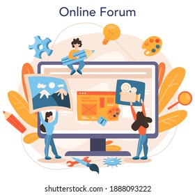 Layout designer online service or platform. Web development, mobile app design. People building user interface template. Online forum. Isolated vector illustration