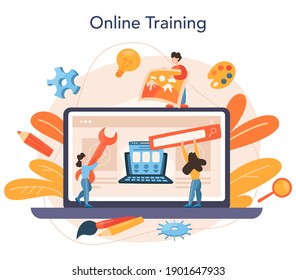 Layout designer online service or platform. Web development, mobile app design. People building user interface template. Online training. Isolated vector illustration