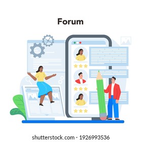 Layout designer online service or platform. Web development, mobile app design and optimization. User interface template. Online forum. Flat vector illustration