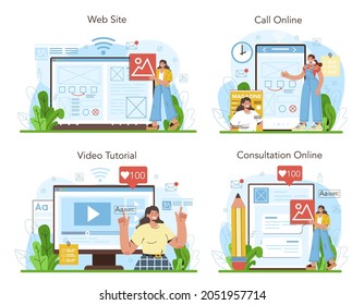 Layout designer online service or platform set. Magazine or newspaper layout developing. Mobile app and website design. Online consultation, call, video tutorial, website. Flat vector illustration