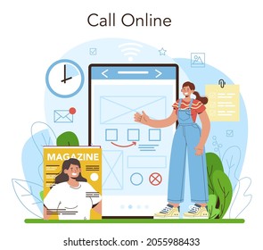 Layout designer online service or platform. Magazine or newspaper layout developing. Mobile app and website design. Online call. Flat vector illustration