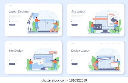 Layout designer web banner or landing page set. Web development, mobile app design. People building user interface template. Computer technology. Isolated flat vector illustration