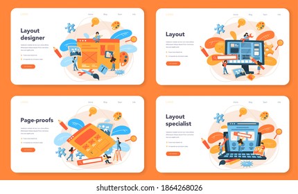 Layout designer web banner or landing page set. Web development, mobile app design. People building user interface template. Computer technology. Isolated flat vector illustration