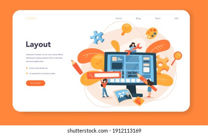 Layout designer web banner or landing page. Web development, mobile app design. People building user interface template. Computer technology. Isolated flat vector illustration