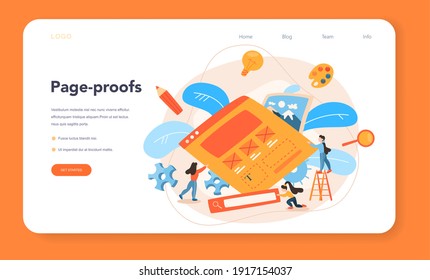 Layout designer web banner or landing page. Web development, mobile app design. People building user interface template. Computer technology. Isolated flat vector illustration